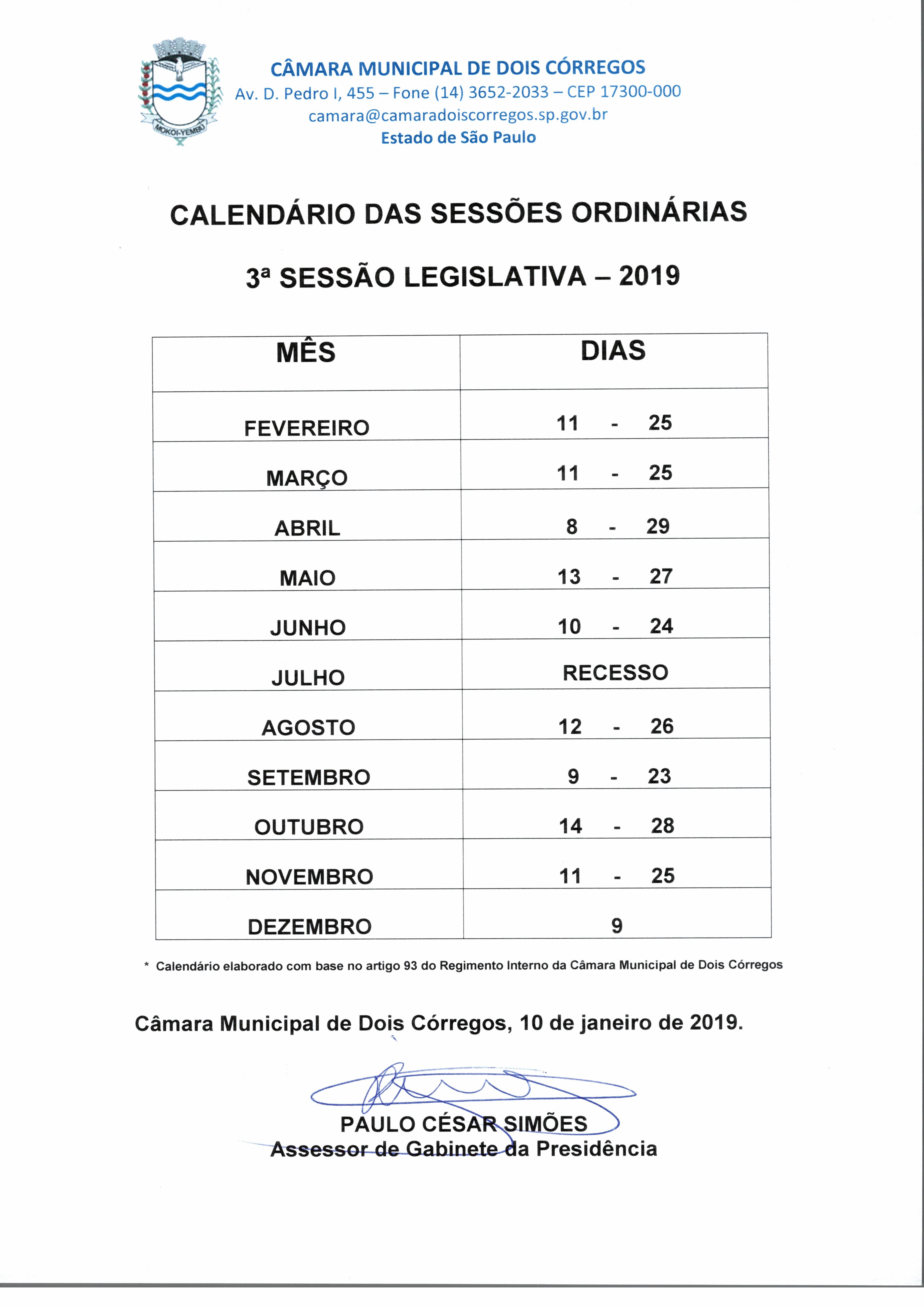 2019117_Calendário_Sessões Ordinárias_2019